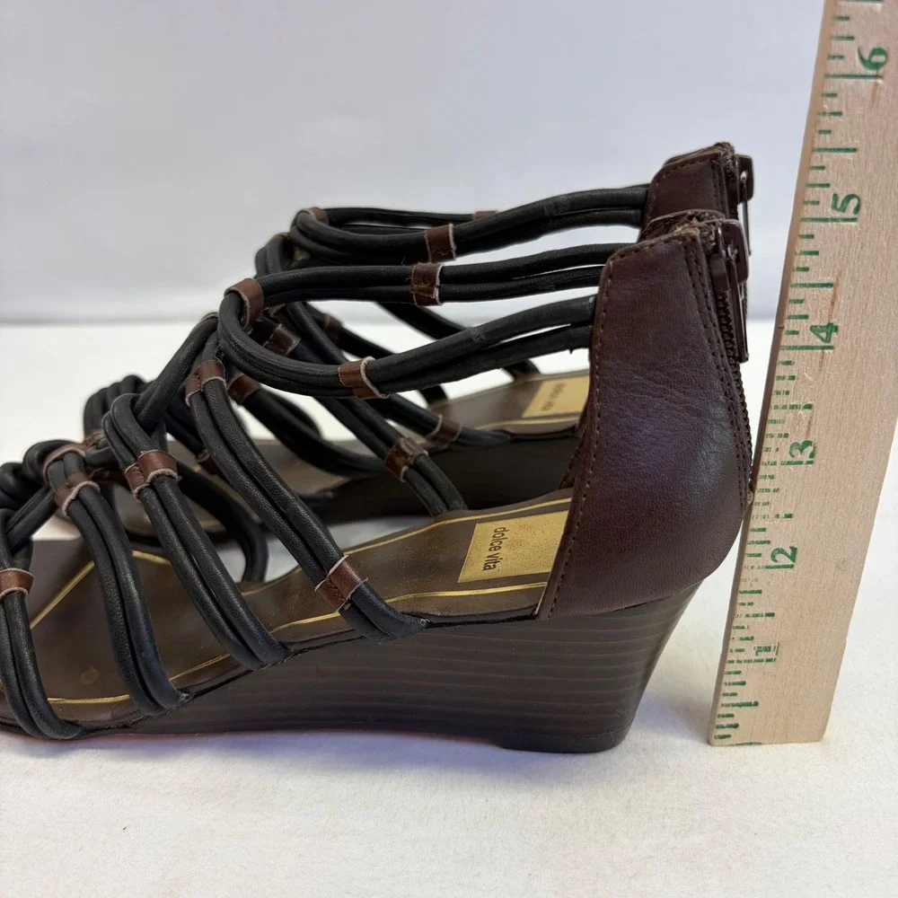 Dolce Vita Wedge Sandals Womens 8 Black Brown Strappy Gladiator Boho Chic